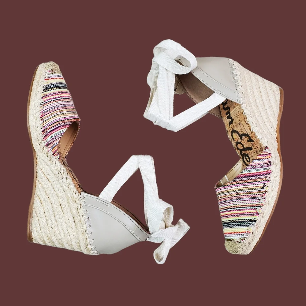 Sam Edelman Patsy Woven Multicolor Ankle Tie Wedge Espadrille Shoes Size 7